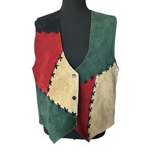 LEARSI Vintage Leather Vest Men’s M Color Block On Black Button Up